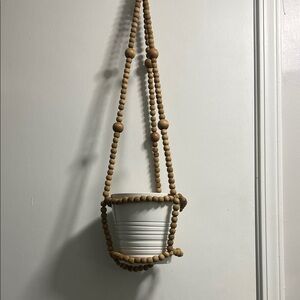 Wood Bead Plant Hanger with White Pot